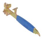 Close-up of a versatile brass railroad tool with a blue rubber grip, similar to the practicality of the 11x3.5x1 Vestil Steel Pail Opener. It boasts notches and hooks for specific tasks, and one side features a pointed end.