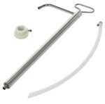 A stainless steel racking cane with a hooked top is combined with a clear hose and white plastic clamp, echoing the precision and durability of the Vestil Stainless Stl Piston Pail Pump 1 In Bung. All presented on a pristine white background.