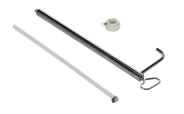 A silver metal bar with a hooked end, featuring a plastic cap and loop, is displayed on a white background like elements of the Vestil Steel Piston Pail Pump 1 In Bung.