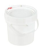 The Vestil Screw Top Pail & Lid-White 3.5 Gallon bucket offers versatile storage and transport for liquids and solids. It features a secure sealed lid, convenient handle, plain cylindrical form, and a red tab for easy access.