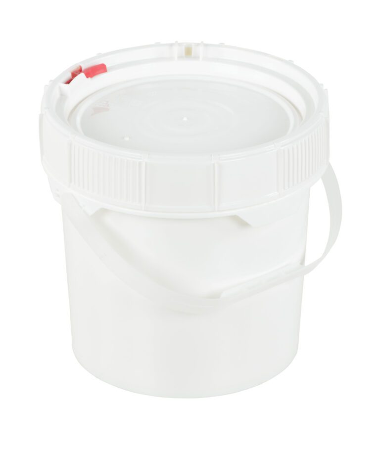 The Vestil Screw Top Pail & Lid-White 3.5 Gallon bucket offers versatile storage and transport for liquids and solids. It features a secure sealed lid, convenient handle, plain cylindrical form, and a red tab for easy access.