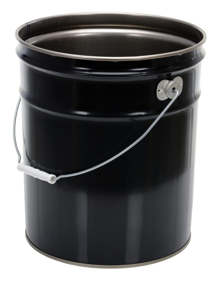 PAIL-STL-RI-UN_A.jpg The Vestil Black Un Rated Steel Pail 5 Gallon features a sleek design with a shiny black finish, silver rim, and white plastic handle. Its reflective surface gleams elegantly while standing upright on a white background.