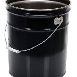 The Vestil Black Un Rated Steel Pail 5 Gallon features a sleek design with a shiny black finish, silver rim, and white plastic handle. Its reflective surface gleams elegantly while standing upright on a white background.