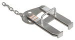 A metallic wheel chock with a chain, featuring two rectangular prongs and handles like the Vestil Cam Action Pallet Puller 5K 3 In Jaw. It has visible safety instruction labels to ensure user safety during operation.