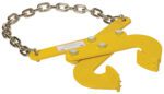 The Vestil Low Profile Double Scissor Pallet Pull, in yellow, features a durable chain. Its robust hook-like structure with four bolts and a looped chain indicates suitability for heavy lifting tasks.
