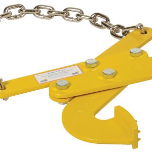 The Vestil Low Profile Double Scissor Pallet Pull, in yellow, features a durable chain. Its robust hook-like structure with four bolts and a looped chain indicates suitability for heavy lifting tasks.