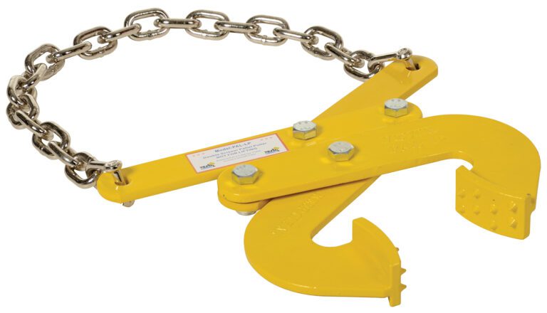 The Vestil Low Profile Double Scissor Pallet Pull, in yellow, features a durable chain. Its robust hook-like structure with four bolts and a looped chain indicates suitability for heavy lifting tasks.