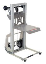 The Vestil Portable Aluminum Load Lifter 200 Cap is a mobile metal lifting device with wheels and a platform, featuring a vertical structure with cables and pulleys for moving and elevating materials.