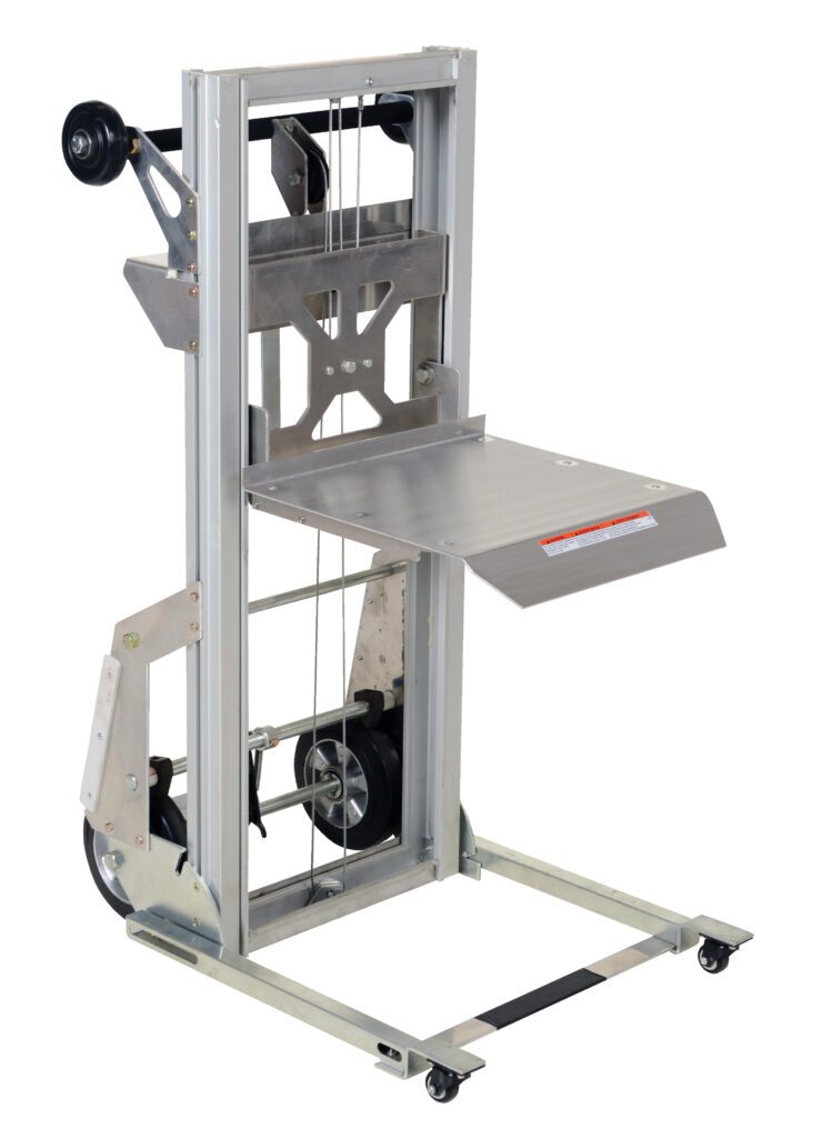The Vestil Portable Aluminum Load Lifter 200 Cap is a mobile metal lifting device with wheels and a platform, featuring a vertical structure with cables and pulleys for moving and elevating materials.