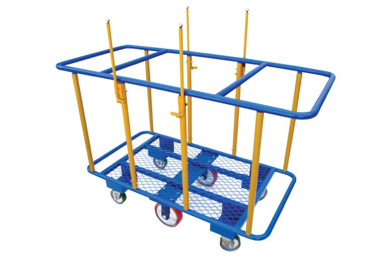 PANEL-H_A.jpg The Vestil Horizontal Panel Cart 2K Lb 51.375 X 32, ideal for moving large sheets, features a blue and yellow design with a metal mesh base, four wheels, and multiple vertical supports for stability.