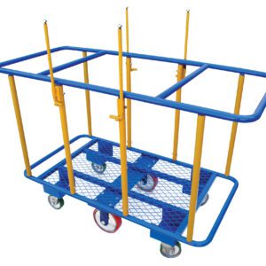 The Vestil Horizontal Panel Cart 2K Lb 51.375 X 32, ideal for moving large sheets, features a blue and yellow design with a metal mesh base, four wheels, and multiple vertical supports for stability.