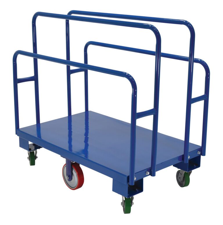PANEL-V_A.jpg The sturdy blue Vestil Vertical Panel Cart 2K Lb 47.5 X 30.25 features multiple vertical bars and vibrant wheels—a red front wheel and green rear wheels—ideal for efficiently transporting large, flat objects like panels or boards.