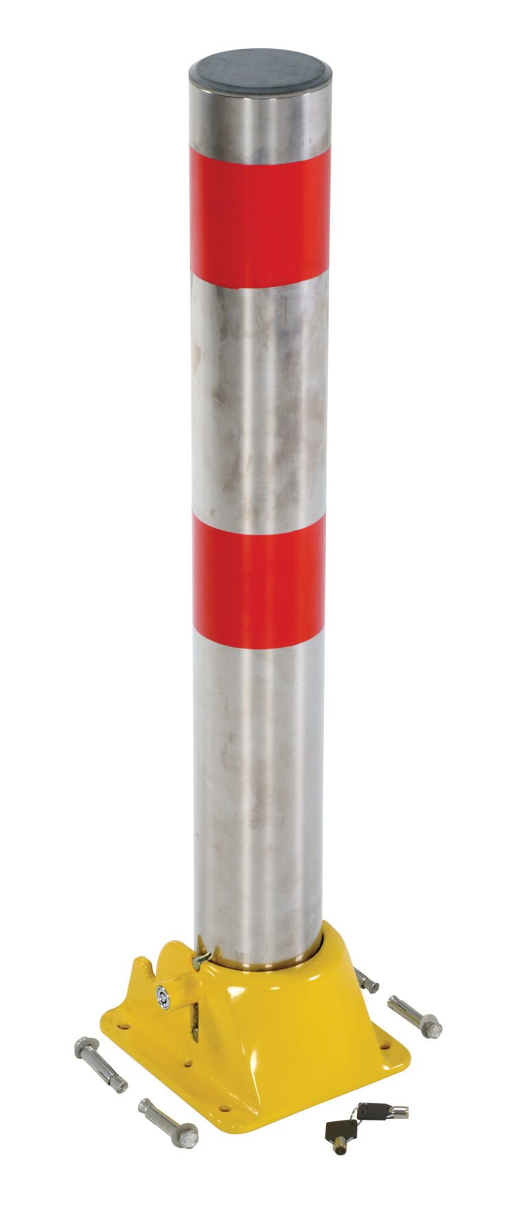 PARK-P-108-FD-SS_A.jpg A Vestil Fold-Down Bollard Stainless 4 1/4 In Dia, featuring two red reflective bands near the top, is mounted on a yellow base with four exposed bolts. Nearby, several loose bolts and a key rest on the white background.