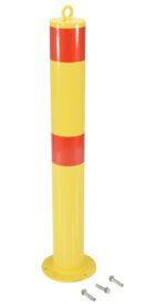 A yellow Vestil Fixed Height Bollard with two red reflective bands near the top and bottom stands on a round base. It measures 4 1/4 inches in diameter, with three bolts nearby, ready for installation.
