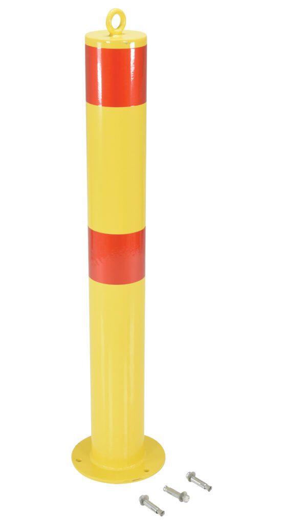 A yellow Vestil Fixed Height Bollard with two red reflective bands near the top and bottom stands on a round base. It measures 4 1/4 inches in diameter, with three bolts nearby, ready for installation.