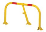 The Vestil Heavy Duty Parking Hoop Yellow has curved bars with red reflective stripes and mounts securely on three base plates, offering a dependable safety barrier.