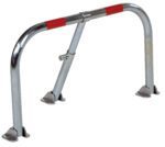 The Vestil Heavy Duty Parking Hoop Galvanized is a foldable metal barrier with a silver finish and red reflective stripes, featuring a robust central lock and curved legs that attach securely to the base for stability, ideal for parking areas.