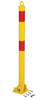The Vestil Fold-Down Bollard 2 1/2 In Dia is a yellow security fixture with red stripes and a looped rounded top, mounted on a base with included bolts and key, ensuring easy installation or removal.