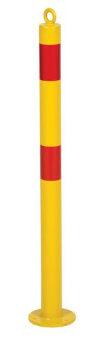 A yellow Vestil Fixed Height Bollard 2 1/2 In Dia with two red horizontal stripes stands on a round base, featuring a loop at the top for lifting or securing, providing stability and durability for various uses.