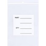 The MH-USA 5 x 8 - 4 Mil Parts Bags with Hang Holes (1000/Case) include a transparent resealable design and a white label with spaces for PART: and QTY: allowing users to write pertinent information.