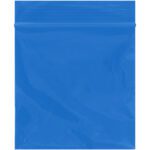 The MH-USA 3 x 3 - 2 Mil Blue Reclosable Poly Bag, empty and flat on a white background, highlights its glossy surface and rectangular shape. This resealable bag with zipper closure comes in a bulk case of 1000, suitable for versatile storage needs.