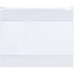 A transparent MH-USA 6 x 9 - 3 Mil Slide-Seal Reclosable White Block Poly Bag with a top zipper seal lies flat against a plain white background, showcasing its simplicity and sleek design.