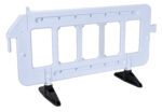 The Vestil Plastic Barrier 23 X 79 X 40 White has a sleek design with two rectangular sections and sturdy black support legs, ideal for crowd control in pristine settings.