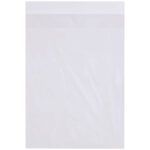 The clear plastic MH-USA 16 x 20 - 2 Mil Flap Lock Poly Bag, sold in cases of 1000, features a secure white adhesive strip for easy sealing and is displayed on a plain white backdrop.