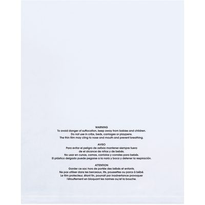PBM09122.jpg The MH-USA 9 x 12 - 2 Mil Poly Bags (1000/Case) are transparent with suffocation warnings in English, Spanish, and French, advising users to keep them away from babies and children.
