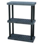 The Vestil Plastic Bulk Shelf&Storage 36X16 3 Shelf combines style and practicality with its sleek black design, grid-patterned shelves, and sturdy cylindrical posts, all set against a clean white background.
