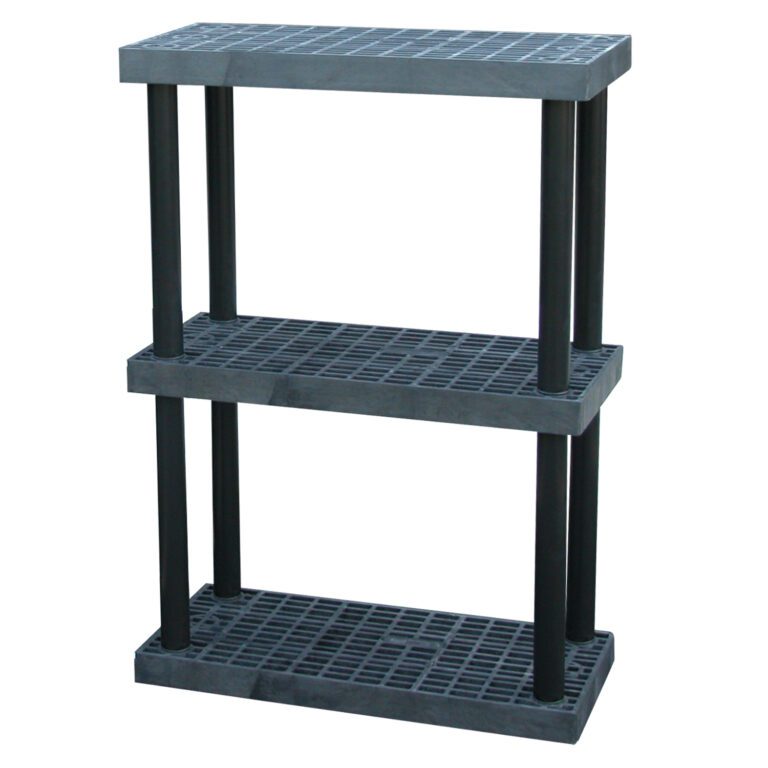 The Vestil Plastic Bulk Shelf&Storage 36X16 3 Shelf combines style and practicality with its sleek black design, grid-patterned shelves, and sturdy cylindrical posts, all set against a clean white background.