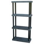 The Vestil Plastic Bulk Shelf&Storage 36X16 4 Shelf boasts a black, four-tier design with open-grid shelves and robust vertical supports, ideal for organizing your garage or utility room.