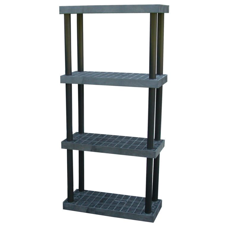 PBSS-3616-4_A.jpg The Vestil Plastic Bulk Shelf&Storage 36X16 4 Shelf boasts a black, four-tier design with open-grid shelves and robust vertical supports, ideal for organizing your garage or utility room.