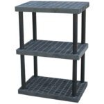 The Vestil Plastic Bulk Shelf&Storage 36X24 3 Shelf features three tiers of black plastic shelving with a grid pattern, four cylindrical supports, and offers excellent visibility and organization.
