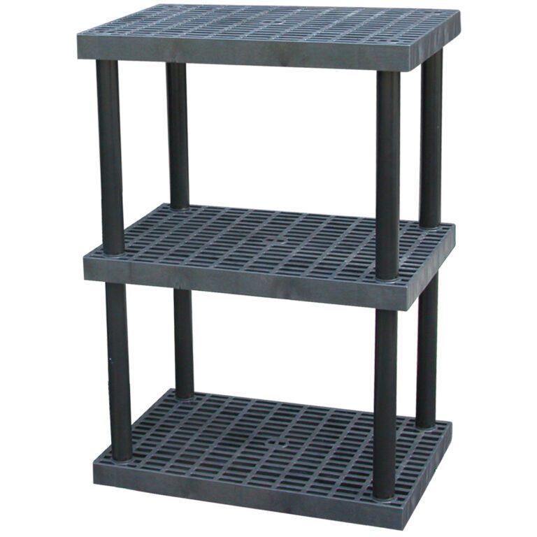 The Vestil Plastic Bulk Shelf&Storage 36X24 3 Shelf features three tiers of black plastic shelving with a grid pattern, four cylindrical supports, and offers excellent visibility and organization.