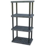 The Vestil Plastic Bulk Shelf&Storage 36X24 4 Shelf is a sleek black unit with grid-patterned shelves and sturdy posts. Ideal for organization, its freestanding design and evenly spaced shelves maximize storage against a minimal backdrop.