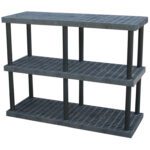 The Vestil Plastic Bulk Shelf&Storage 66X24 3 Shelf is a sturdy black unit with three tiers, featuring a grid pattern on each shelf and cylindrical corner legs, providing a simple yet functional storage solution.
