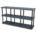 The Vestil Plastic Bulk Shelf&Storage 96x24 3 Shelf is a sleek black unit with a grid pattern on its shelves, supported by sturdy vertical columns, perfect for storage and organization.