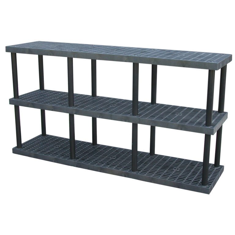 PBSS-9624-3_A.jpg The Vestil Plastic Bulk Shelf&Storage 96x24 3 Shelf is a sleek black unit with a grid pattern on its shelves, supported by sturdy vertical columns, perfect for storage and organization.