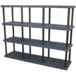 The Vestil Plastic Bulk Shelf&Storage 96X24 4 Shelf unit offers a black plastic grid design with four ventilated tiers. Its open-frame and sturdy vertical columns make it ideal for organizing items in various environments.