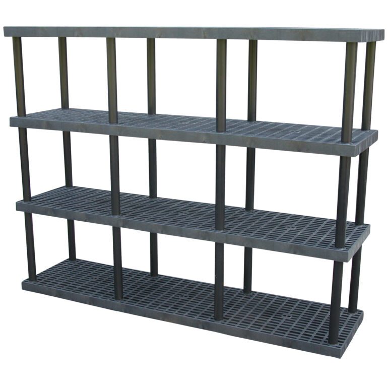 PBSS-9624-4_A.jpg The Vestil Plastic Bulk Shelf&Storage 96X24 4 Shelf unit offers a black plastic grid design with four ventilated tiers. Its open-frame and sturdy vertical columns make it ideal for organizing items in various environments.