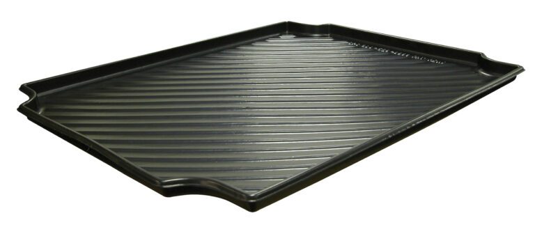 PBSS-BKTRY_A.jpg The Vestil General Storage Black is a ribbed, rectangular baking sheet with raised edges and a slight lip on one side, set against a white background.