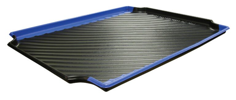 On a white background, the Vestil Health Hazards/Toxics Blue tray is showcased with a black surface featuring raised ridges and an edge in calming blue. It offers stylish and practical organization with angled sides that reduce health hazards during use.