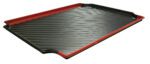The Vestil Flammables Red tray, with its black and red ribbed design and raised edges, includes a grooved corner for spill capture or liquid drainage.