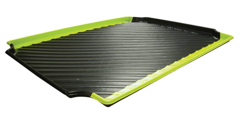 Showcasing the Vestil Reactives/Oxidizers Yellow, this black rectangular ribbed tray features a raised green edge on two sides and a slightly angled design, perfect for draining or serving, adding elegance to your setup.