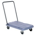 The Vestil Platform Truck Standard Fold Down Hand includes a gray dolly with a black metal handle, four wheels, and a textured rectangular base for heavy items. It features fixed front wheels and swivel rear wheels for easy maneuverability.