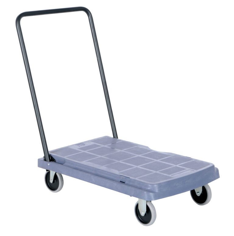 PC-25_A.jpg The Vestil Platform Truck Standard Fold Down Hand includes a gray dolly with a black metal handle, four wheels, and a textured rectangular base for heavy items. It features fixed front wheels and swivel rear wheels for easy maneuverability.