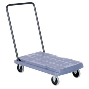 The Vestil Platform Truck Standard Fold Down Hand includes a gray dolly with a black metal handle, four wheels, and a textured rectangular base for heavy items. It features fixed front wheels and swivel rear wheels for easy maneuverability.