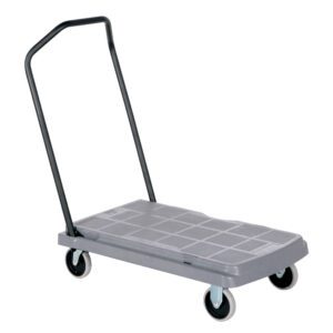 The Vestil Platform Truck Ergo Fold Down Hand is a gray utility cart with a flat base and four wheels, featuring an ergonomic black fold-down handle for easy pushing. Its grid-patterned platform aids in smooth item transport.