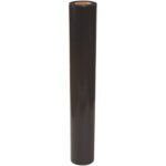 A black roll of plastic film, likely one of the MH-USA 48 x 36 x 72 - 3 Mil Black Pallet Covers (50/Case), stands upright against a white background, with its smooth cylindrical shape revealing a brown core at the top.